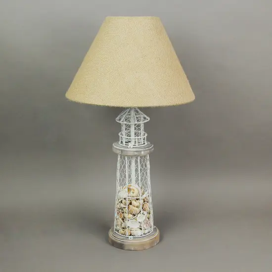 White and Grey Metal Real Seashell Lighthouse Table Lamp with Burlap Shade {4}