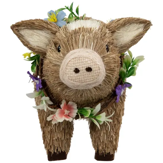Northlight Boy Piglet with Floral Wreath Spring Figurine - 10.25" - Brown and Beige {7}