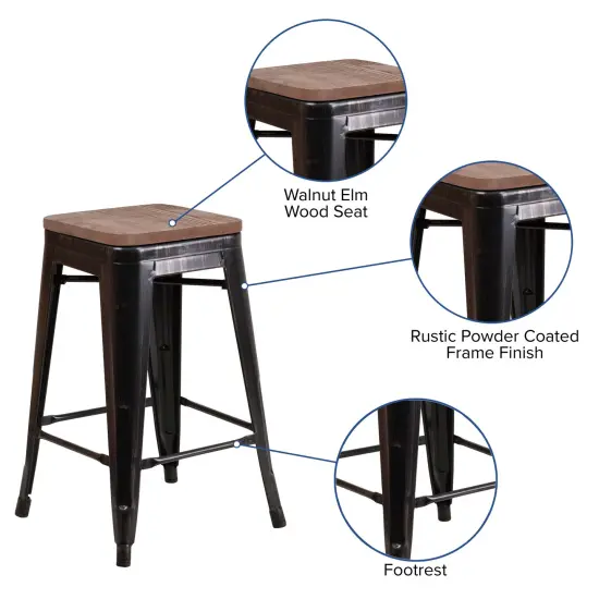 Merrick Lane Dalton Series Backless Metal Dining Stool with Wooden Seat for Indoor Use Black-Antique Gold {4}