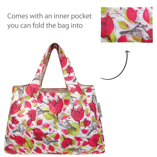 Wrapables Large & Small Foldable Tote Nylon Reusable Grocery Bags, Set of 2 Red Floral Gray Bird {5}