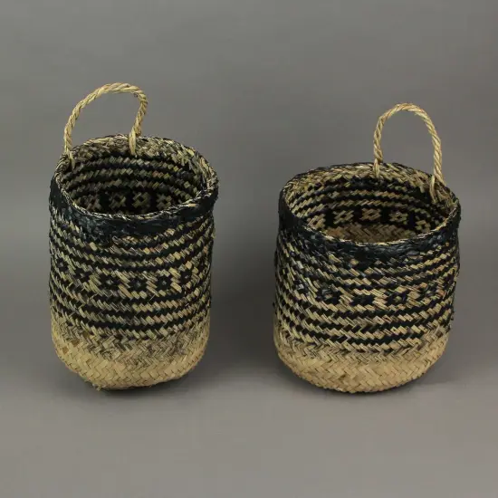 Set of 2 Geometric Pattern Hand-Woven Seagrass Round Baskets Bohemian Decor {5}