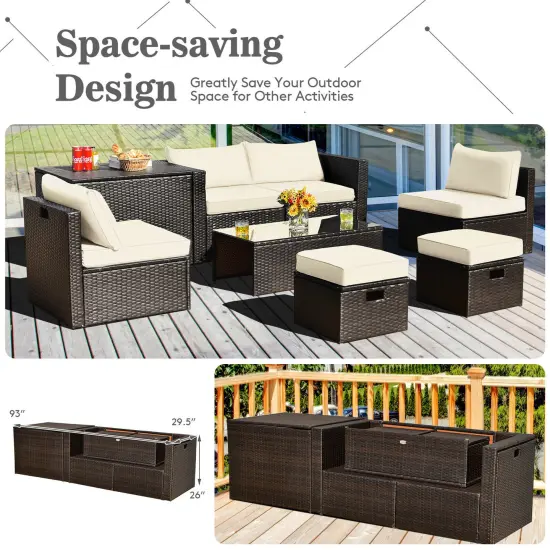 8 Pieces Patio Space-Saving Rattan Furniture Set with Storage Box and Waterproof Cover White {5}