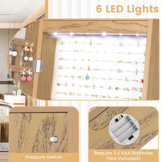 Costway Jewelry Cabinet Full-Length Mirror Lockable Jewelry Armoire with 6 Lights Beige/Natural {5}