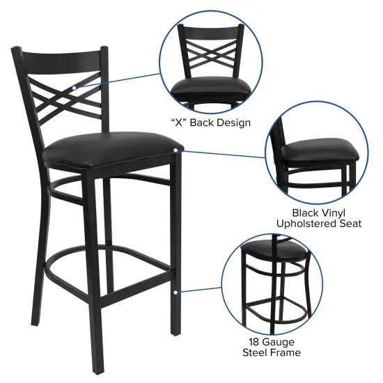 Emma and Oliver "X" Back Metal Restaurant Dining Barstool BlackVYL/BlackMetal {2}