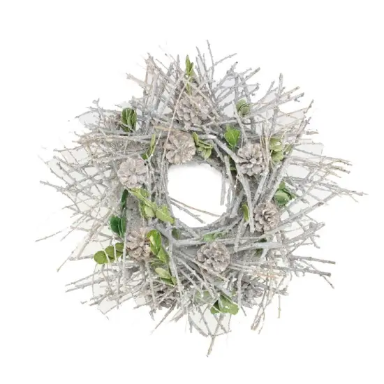 Napa Home & Garden Glittered Twig Pine Cone and Leaf Artificial Christmas Wreath - 20" - Unlit White {1}
