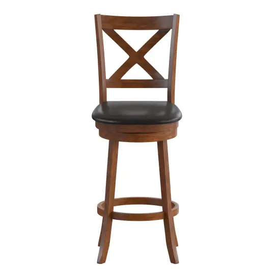 Merrick Lane Sora 30" Classic Wooden Crossback Swivel Bar Height Pub Stool with Upholstered Padded Seat and Integrated Footrest Antique Oak/Black {3}