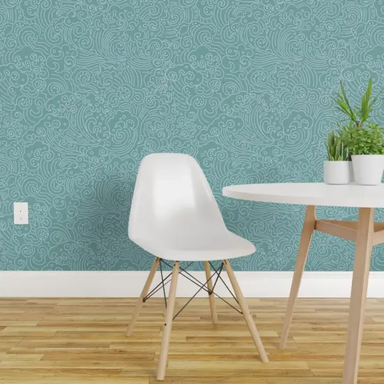 Pre-Pasted Wallpaper 2FT Wide Blue Large Scale Waves Clouds Beach Coastal Teal Ocean Pop Art Modern Whimsical Custom Pre-pasted Wallpaper by Spoonflower {1}