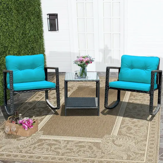 3 Pieces Wicker Rocking Bistro Set with Glass Coffee Table and Storage Shelf Blue {6}