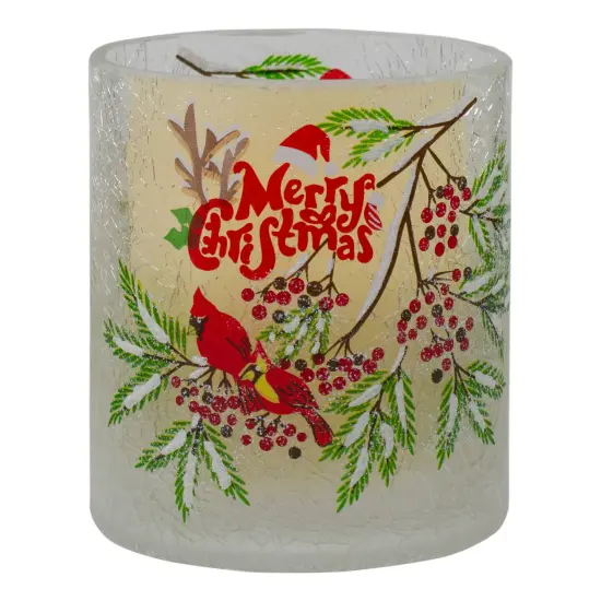 Northlight 8" Hand Painted Christmas Cardinal and Pine Flameless Glass Christmas Candle Holder Red {7}