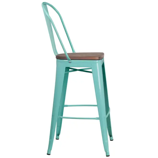 Merrick Lane Sarah 30" Metal Indoor-Outdoor Counter Stool with Vertical Slat Back, Integrated Footrest and Wood Seat Copper {8}