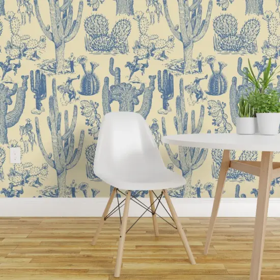 Pre-Pasted Wallpaper 2FT Wide Western Cowboy Cowgirl Toile Cactus Chinoiserie Southwestern Cacti Rustic Custom Pre-pasted Wallpaper by Spoonflower {1}