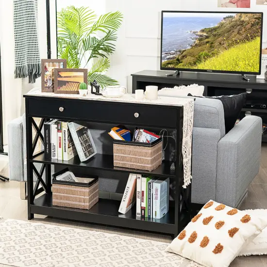 Console Table 3-Tier with Drawer and Storage Shelves Black {6}