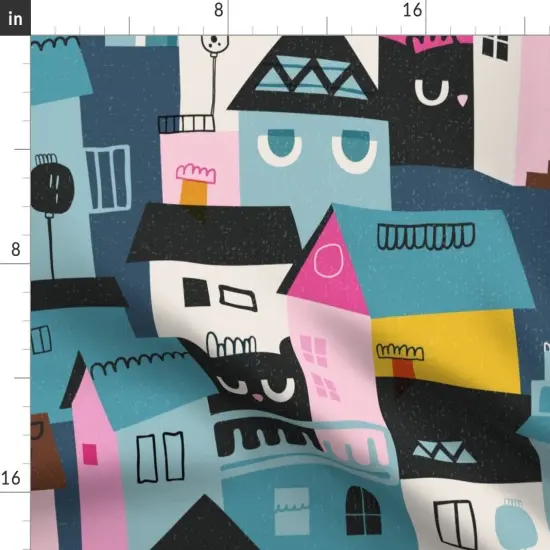 Various Fabrics by the Yard or Fat Quarter Black Cat Whimsical Colorful Cityscape Teal Pink Custom Printed Fabric by Spoonflower {2}