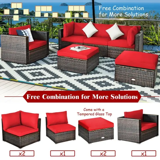 6 Pcs Patio Rattan Furniture Set with Sectional Cushion Red {2}