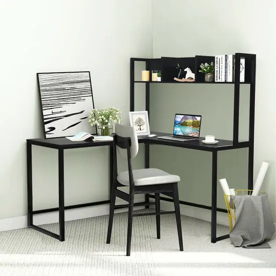 Costway 55'' L-Shaped Desk Corner Computer Desk w/Hutch Black {2}