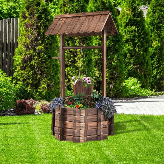 Costway Outdoor Wooden Wishing Well Bucket Flower Plants Planter Patio Garden Home Decor {3}