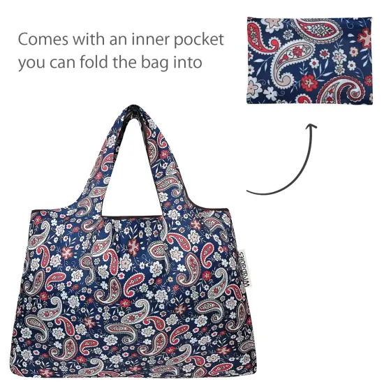 Wrapables Large & Small Foldable Tote Nylon Reusable Grocery Bags, Set of 2 Paisley Motif {5}
