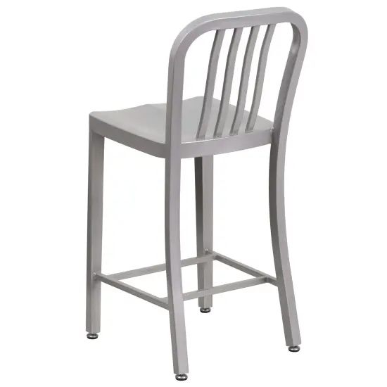 Merrick Lane Santorini Galvanized Steel Indoor/Outdoor Counter Bar Stool With Slatted Back And Powder Coated Finish White {9}