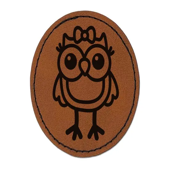 Cute Girl Owl with Bow Round Iron-On Engraved Faux Leather Patch Applique - 2.5" Brown {1}