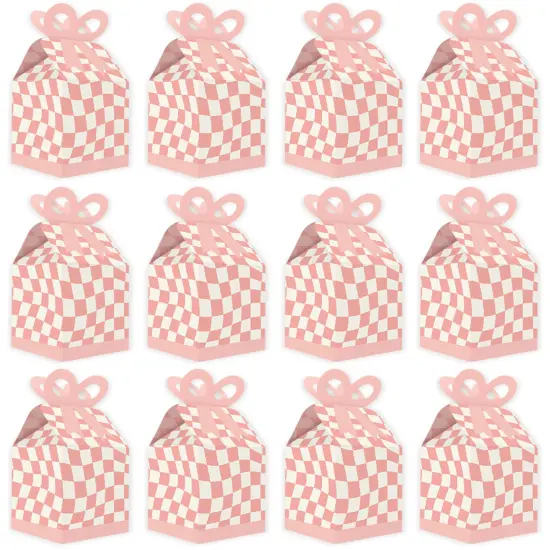 Big Dot of Happiness Pink Checkered Party - Square Favor Gift Boxes - Bow Boxes - Set of 12 {6}