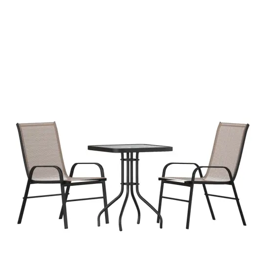 Emma and Oliver Three Piece Patio Table Set with Square Metal Frame Table with Tempered Glass Top and Two Flex Comfort Stacking Chairs Brown {1}
