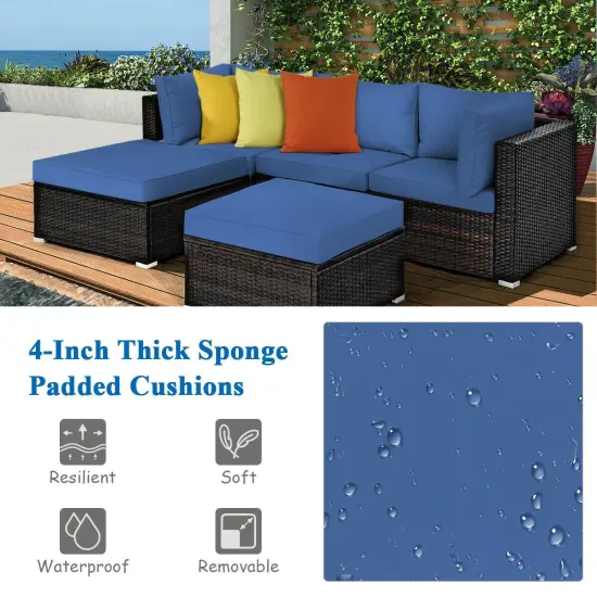 5 Pieces Patio Sectional Rattan Furniture Set with Ottoman Table Navy {2}