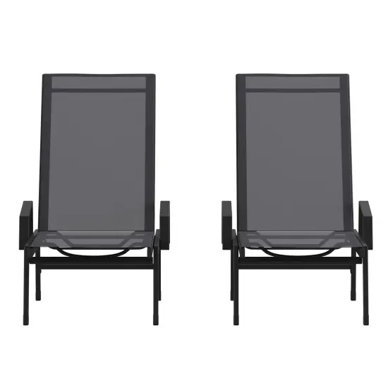 Emma and Oliver Braelin Set of 2 Textilene Adjustable 5 Position Patio Chaise Lounge with Armrests and Metal Frame Black/Gray {6}