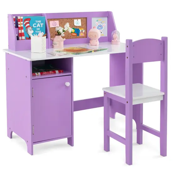 Costway Kids Study Desk with Chair, Whiteboard, Marker, Hutch, Storage Cabinet Purple/White {7}