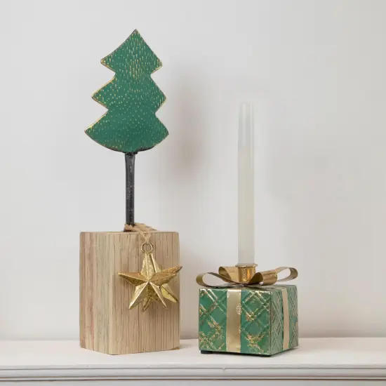 Northlight 4.5" Green Metal Gift Box Christmas Taper Candle Holder {3}