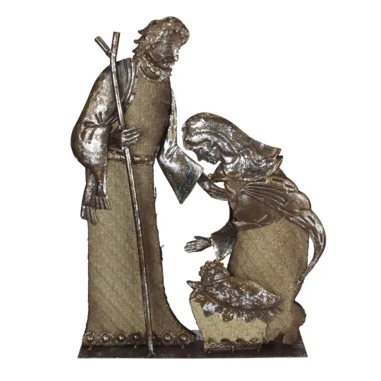 Melrose 17" Rustic Metal Holy Family Nativity Scene With A Burlap Design Christmas Table Top Decoration Silver {1}