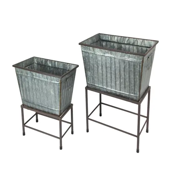 Rectangular Galvanized Metal Tub Planters On Stand Set of 2 {1}