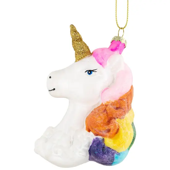 Northlight 4” Rainbow Unicorn Bust Hanging Glass Christmas Ornament White {4}