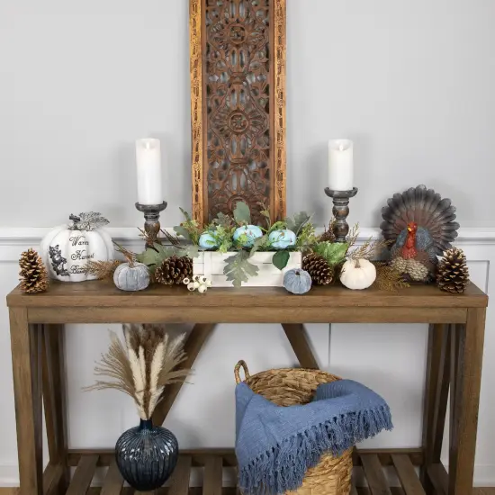 Northlight Fall Harvest Foliage and Pumpkins In Wooden Planter - 18" - Blue {3}