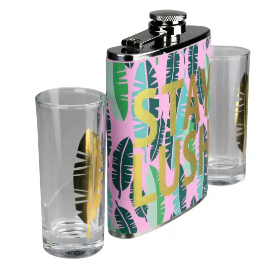Wild Eye Tropical "Stay Lush" Flask and Shot Glass Gift Set 7 oz. Pink {3}