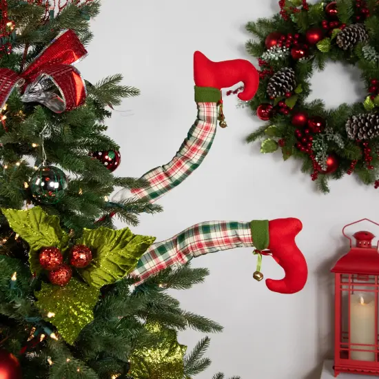 Northlight Set of 2 Red and Green Plaid Plush Elf Leg Christmas Picks 30" {3}