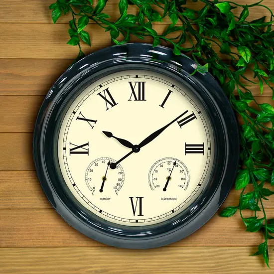 Pool Central 18" Black Outdoor Patio Wall Clock with Hygrometer and Thermometer {3}