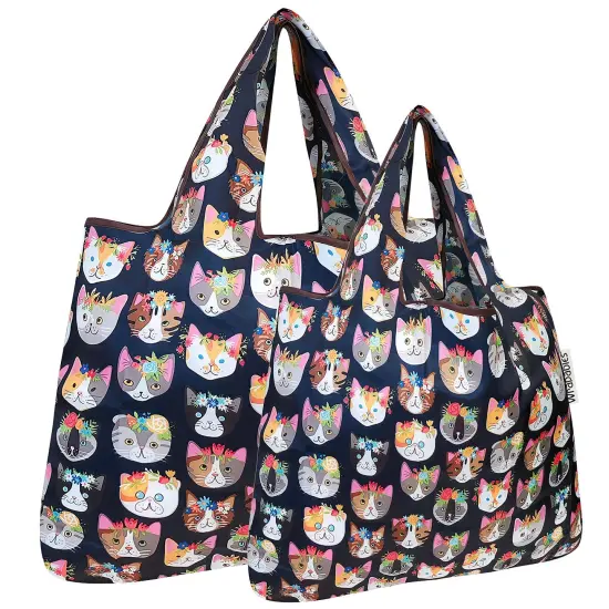 Wrapables Large & Small Foldable Tote Nylon Reusable Grocery Bags, Set of 2 Crazy Cats {1}