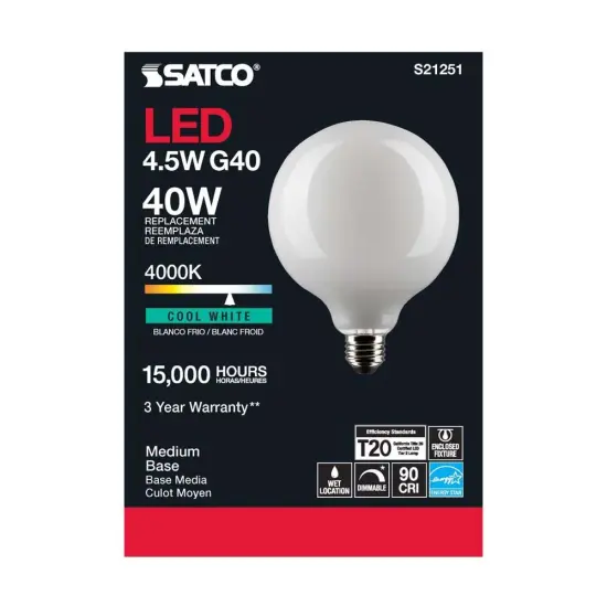 6Pk - Satco 4.5w G40 Globe LED 4000K E26 Medium Base White Dimmable - 40w equiv Cool White {5}