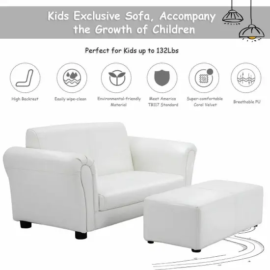 Soft Kids Double Sofa with Ottoman White {5}