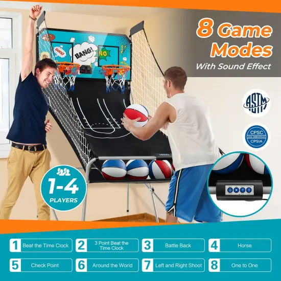 Costway Dual Shot Basketball Arcade Game with 8 Game Modes Electronic Scoring Blue/Green/Red/White {5}