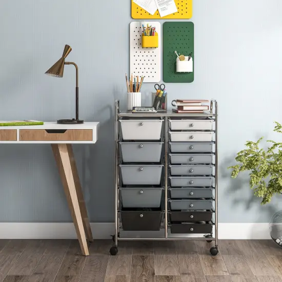 15-Drawers Multi-Use Rolling Storage Organizer Cart with Chrome Finish Steel Frame Perfect for Any Room Black & Gray {2}