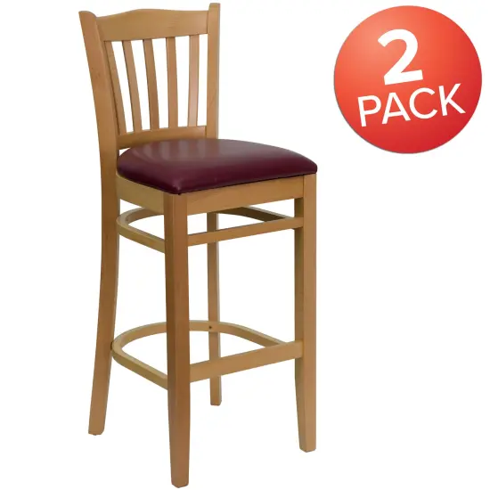 Emma and Oliver 2 Pack Vertical Slat Back Wooden Restaurant Barstool BurgundyVYL/Natural {5}