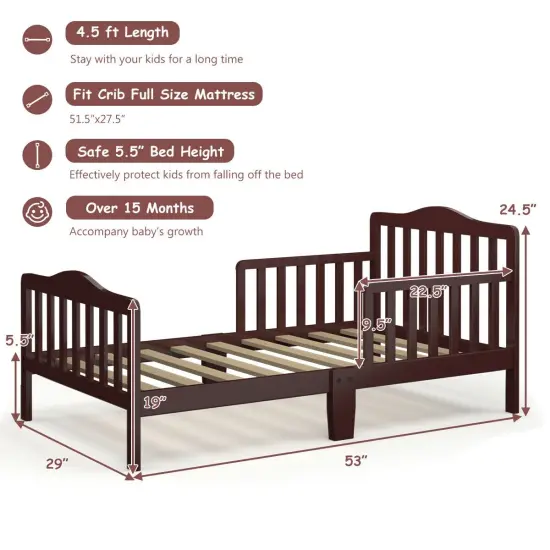 Classic Design Kids Wood Bed Frame with Two Side Safety Guardrails Brown {5}