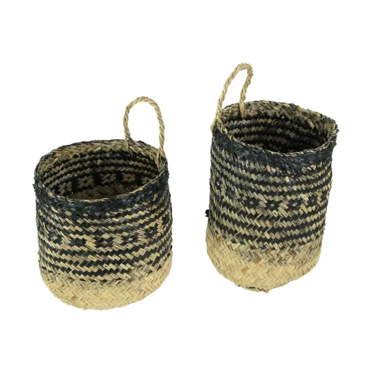 Set of 2 Geometric Pattern Hand-Woven Seagrass Round Baskets Bohemian Decor {3}