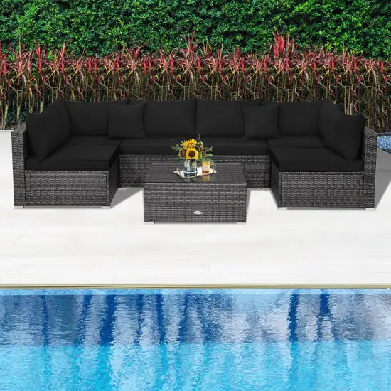 7 Pieces Patio Rattan Furniture Set with Sectional Sofa Cushioned-Black {2}