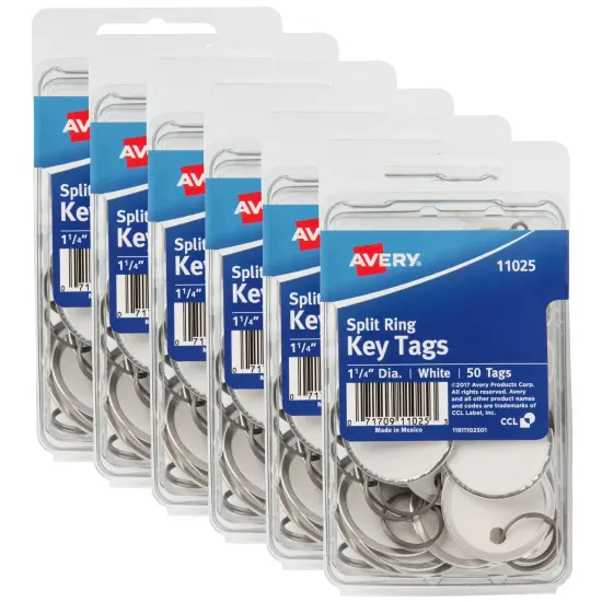 Avery Metal Rim Key Tags 6-Pack, 1-1/4" Diameter Tag, Metal Split Ring, White, 300 Tags Total (13128) {1}