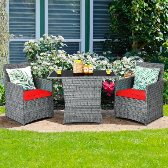 Costway 3PCS Patio Rattan Furniture Set Cushioned Sofa ArmrestGarden White\Red\Navy\Turquoise {1}
