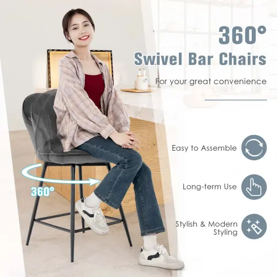 Costway Set of 2 Velvet Bar Stools Swivel Counter Height Dining Chair with Metal Legs Gray {6}