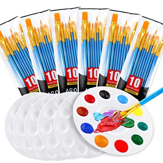 Painting Brush Palette Set, with 6 Packs of 60 Brushes and 6 Palettes,Nylon Brush Head, Suitable for Oil Watercolor, etc., Perfect Art Painting Set. {1}