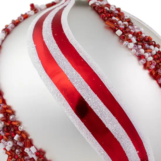 Northlight Peppermint Swirl Beaded Christmas Glass Ball Ornaments - 4" - White and Red - Set of 2 {4}